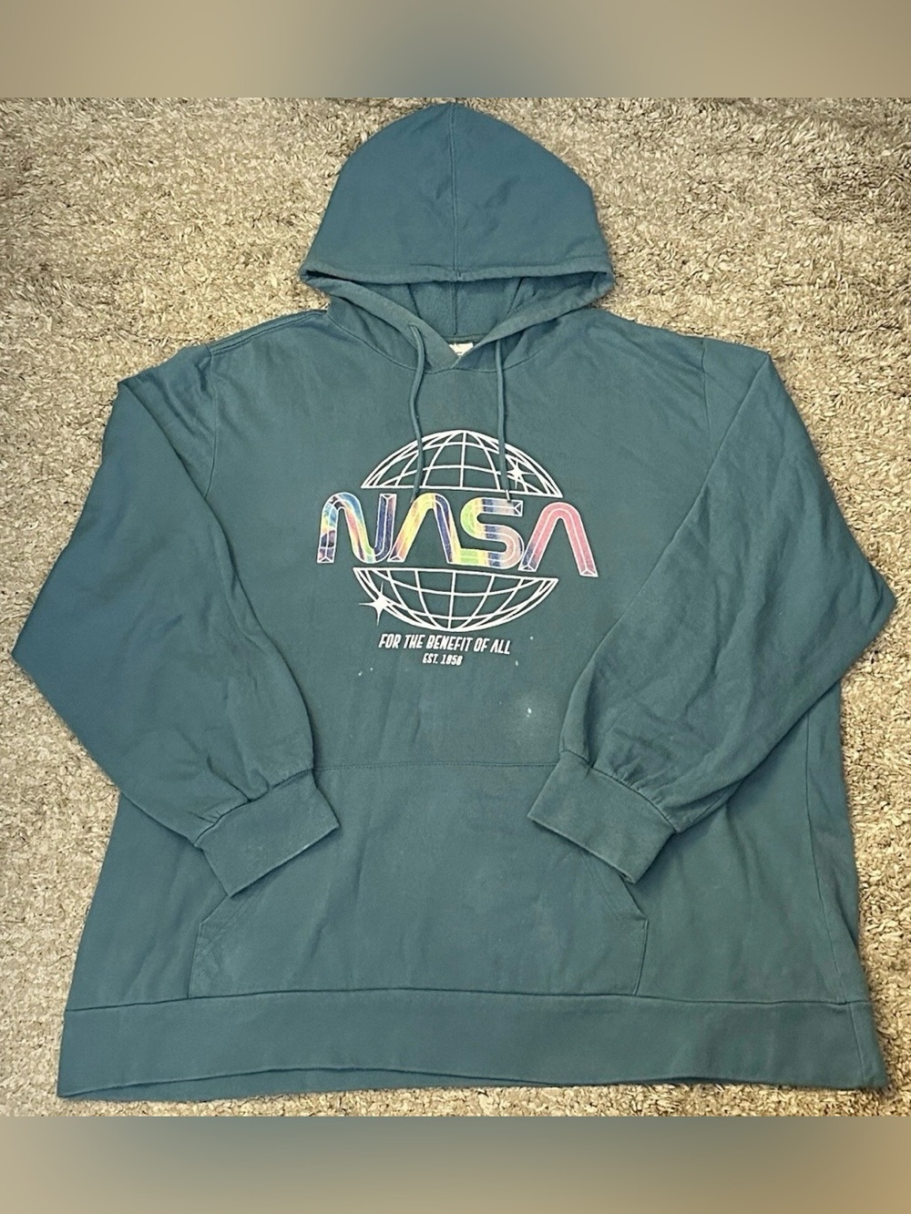 NASA For The Benefit Of All Men’s 2XL Teal Retro Graphic Logo Pullover Hoodie